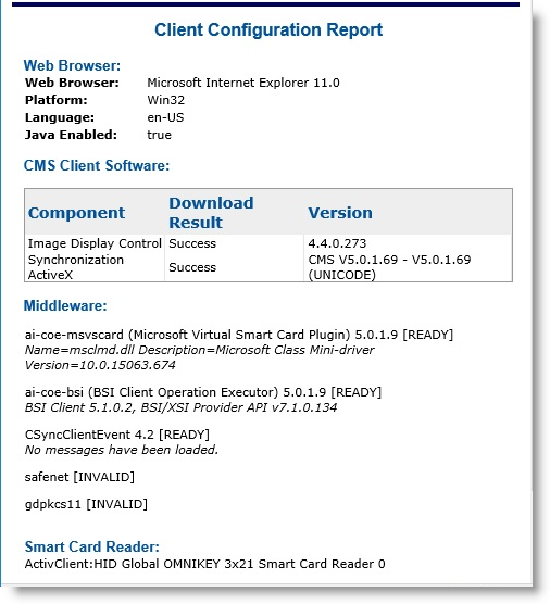 Client Configuration Report page displaying details about the Web Browser, the CMS Client Software, the Middleware and the Smart Card Reader